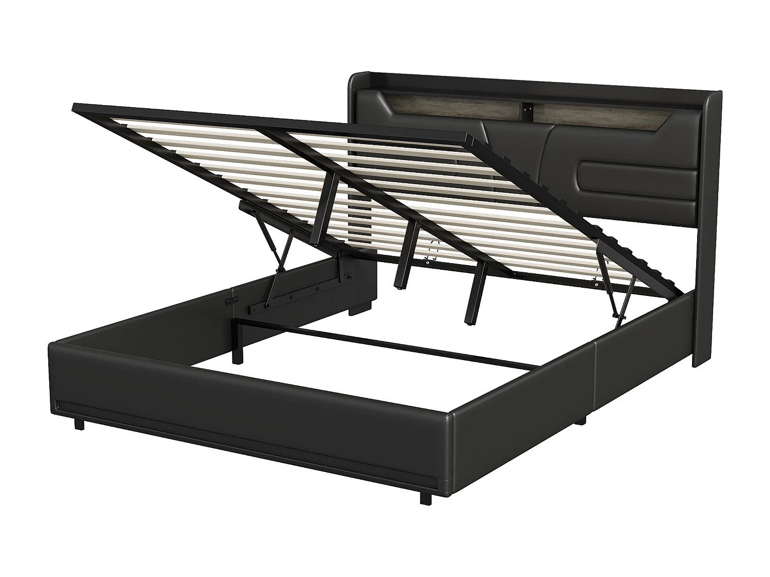 Lit 140x190 avec rangement - lit coffre - sommier à Lattes -  Port USB et LED intégrée - PU noir - 2 personnes
