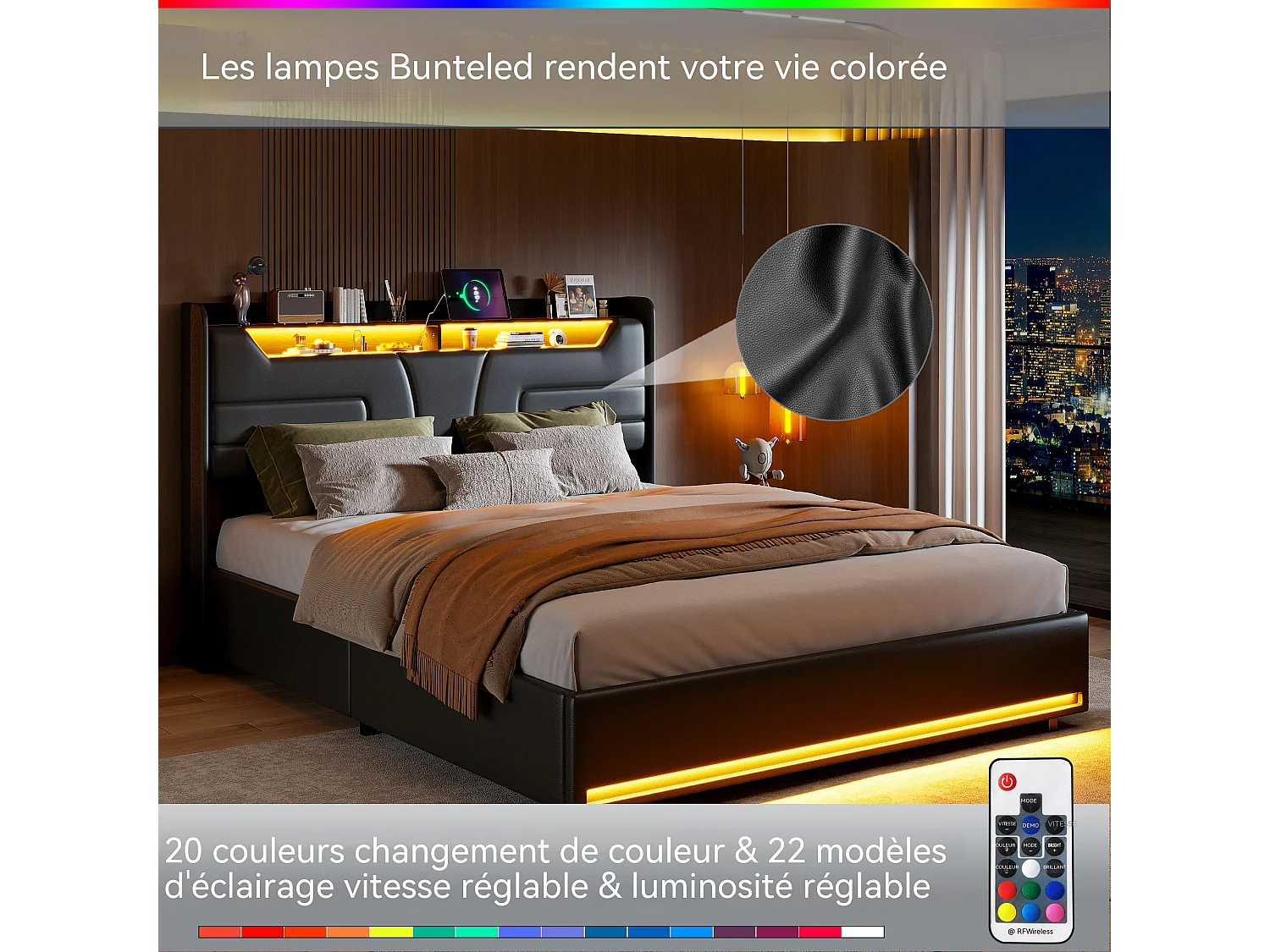 Lit 140x190 avec rangement - lit coffre - sommier à Lattes -  Port USB et LED intégrée - PU noir - 2 personnes