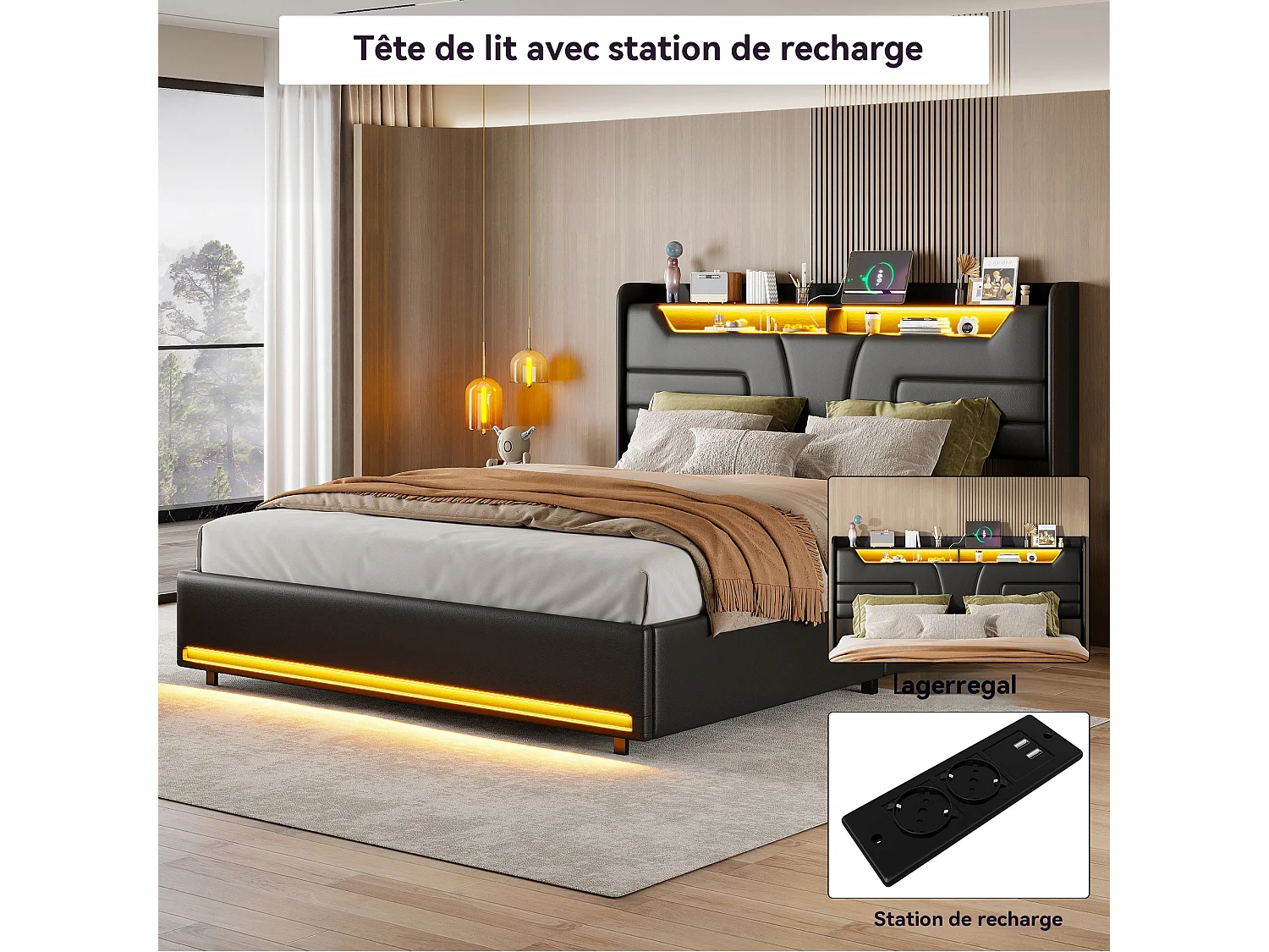 Lit 140x190 avec rangement - lit coffre - sommier à Lattes -  Port USB et LED intégrée - PU noir - 2 personnes