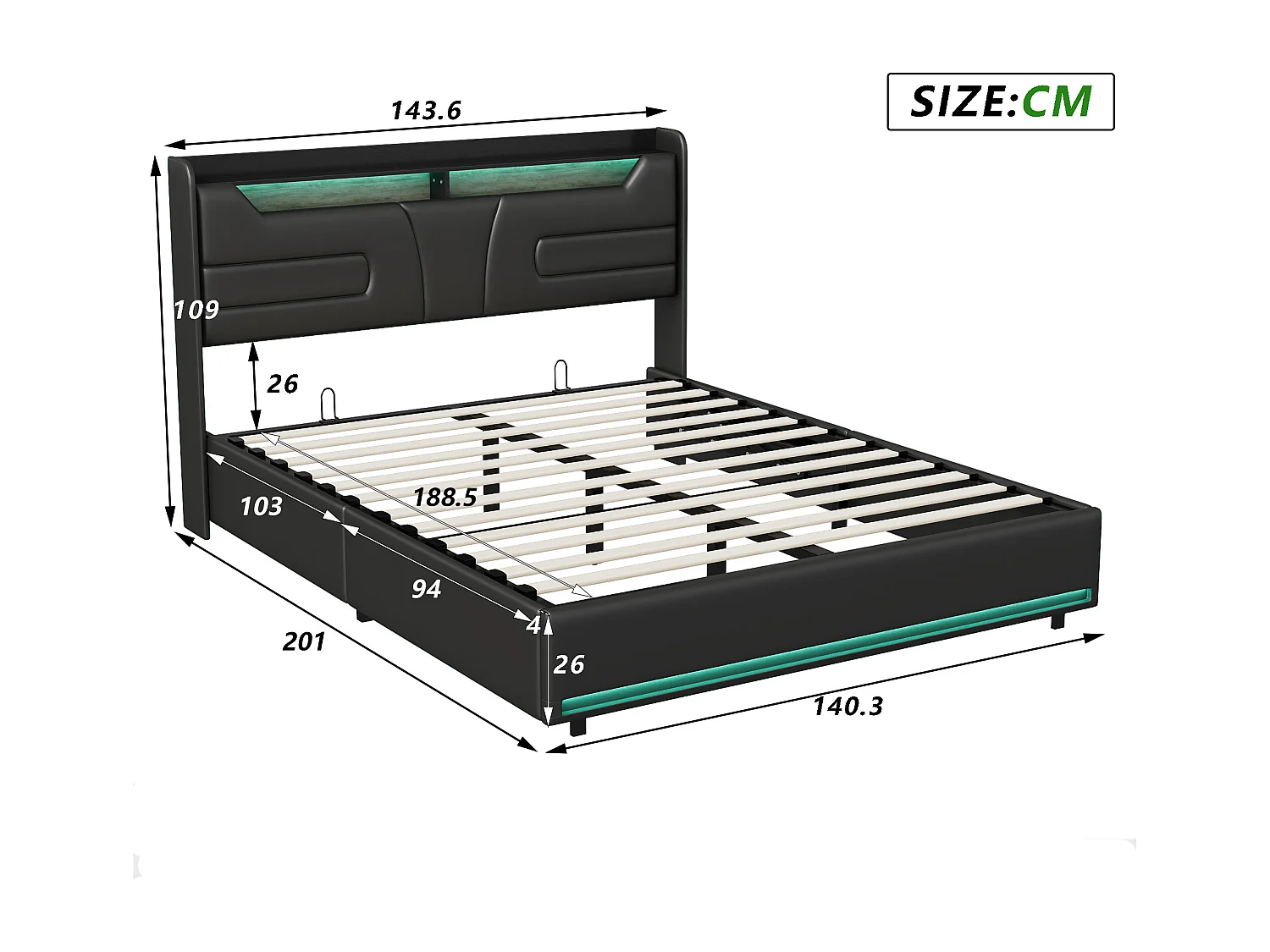 Lit 140x190 avec rangement - lit coffre - sommier à Lattes -  Port USB et LED intégrée - PU noir - 2 personnes