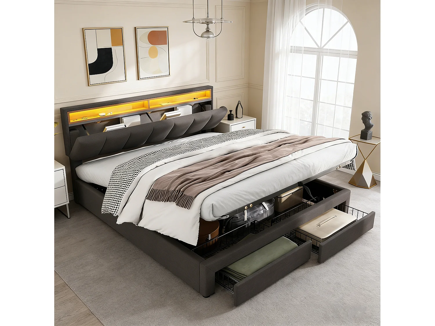 Lit coffre 160 x 200 cm, lit 160x200 avec sommier, lit double, cadre de lit, avec 2 tiroirs, LED, Gris