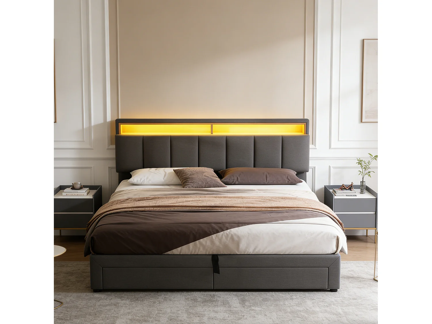 Lit coffre 160 x 200 cm, lit 160x200 avec sommier, lit double, cadre de lit, avec 2 tiroirs, LED, Gris