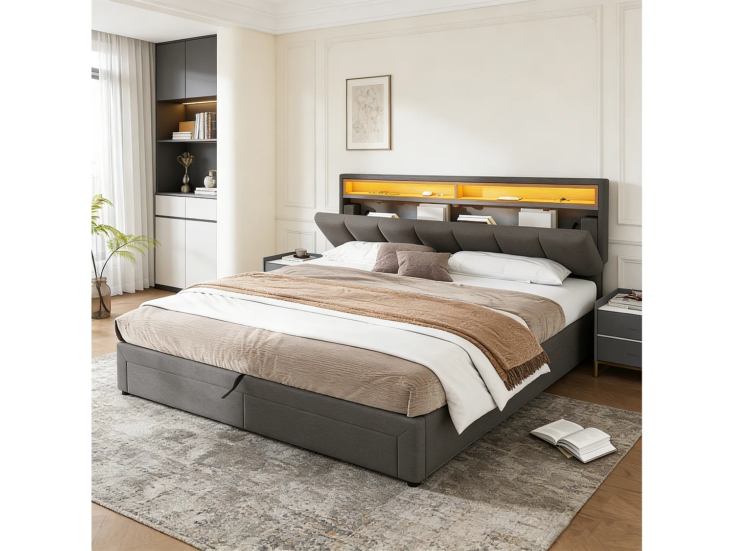 Lit coffre 160 x 200 cm, lit 160x200 avec sommier, lit double, cadre de lit, avec 2 tiroirs, LED, Gris