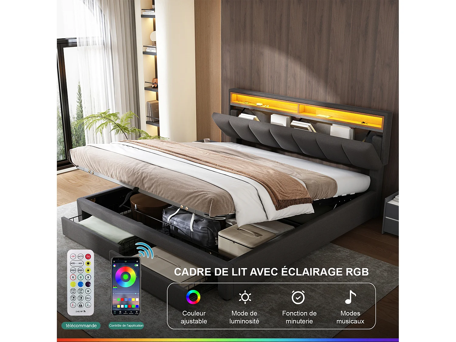 Lit coffre 160 x 200 cm, lit 160x200 avec sommier, lit double, cadre de lit, avec 2 tiroirs, LED, Gris
