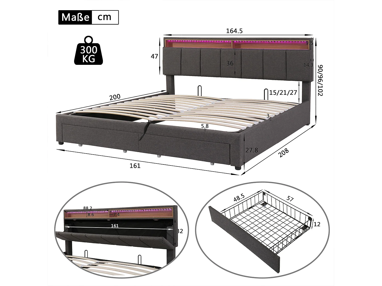 Lit coffre 160 x 200 cm, lit 160x200 avec sommier, lit double, cadre de lit, avec 2 tiroirs, LED, Gris