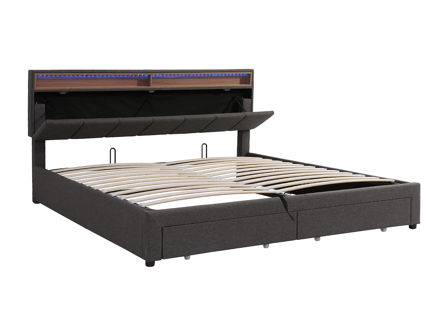 Lit coffre 160 x 200 cm, lit 160x200 avec sommier, lit double, cadre de lit, avec 2 tiroirs, LED, Gris