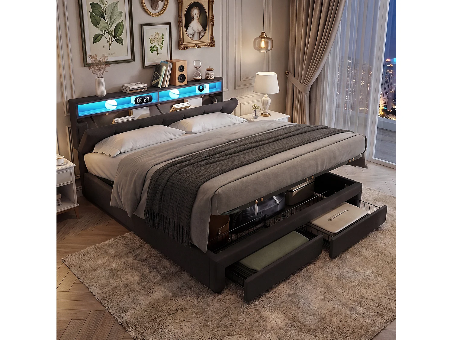 Lit  coffre 160x200 cm adulte gris avec sommier à lattes - Lit coffre double avec 2 tiroirs, rangement et éclairage LED