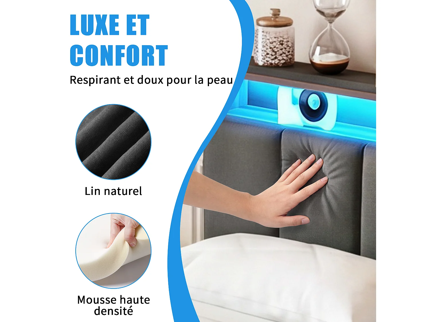 Lit  coffre 160x200 cm adulte gris avec sommier à lattes - Lit coffre double avec 2 tiroirs, rangement et éclairage LED