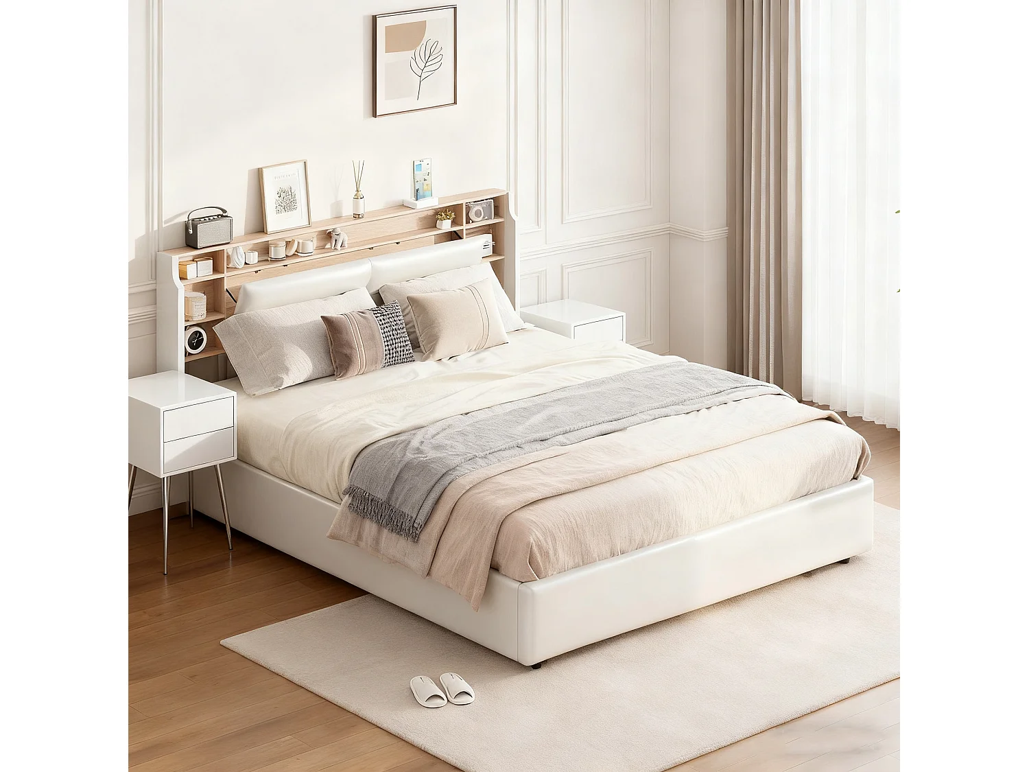 Lit 140x190 cm avec LED - NEXU - lit coffre 140x190 avec sommier à lattes - cadre de lit adulte - tissu en pu - blanc