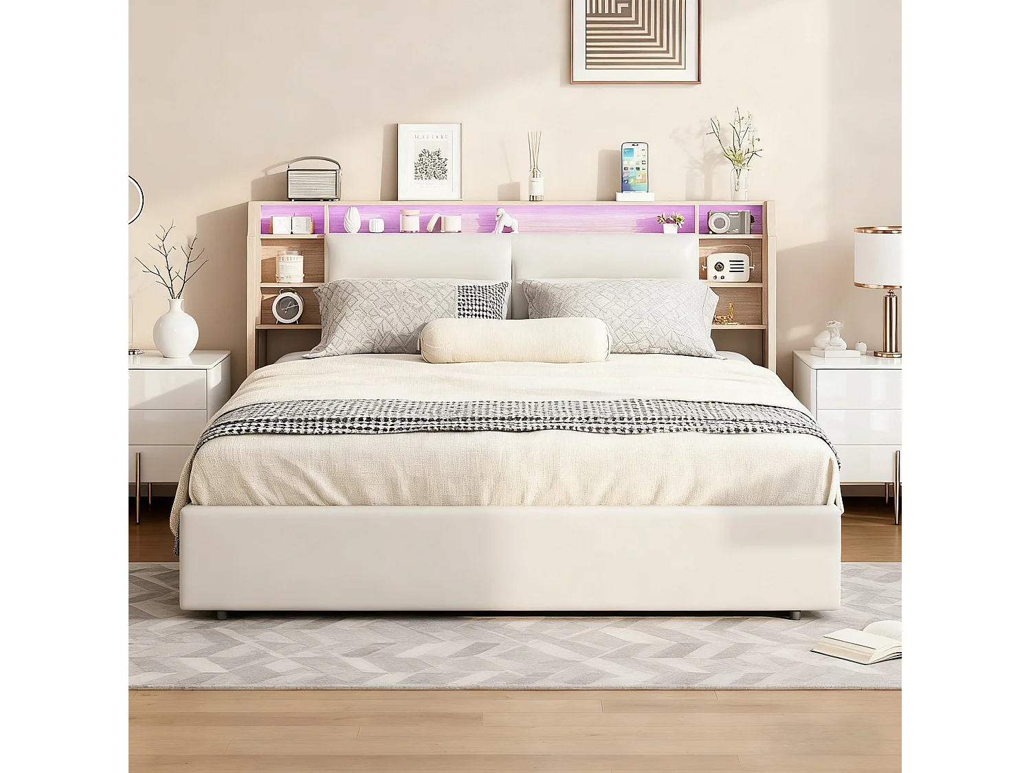 Lit 140x190 cm avec LED - NEXU - lit coffre 140x190 avec sommier à lattes - cadre de lit adulte - tissu en pu - blanc
