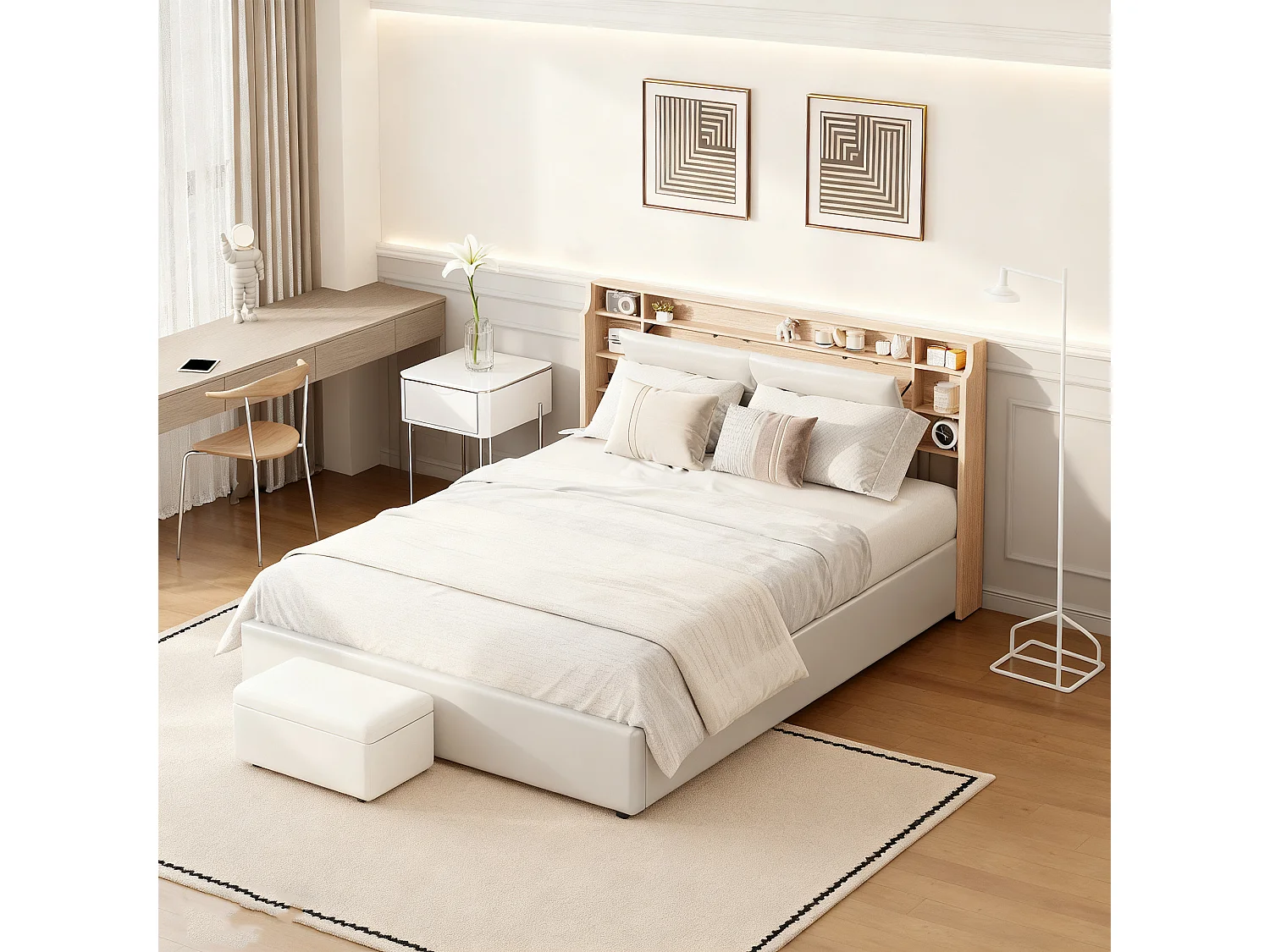 Lit 140x190 cm avec LED - NEXU - lit coffre 140x190 avec sommier à lattes - cadre de lit adulte - tissu en pu - blanc