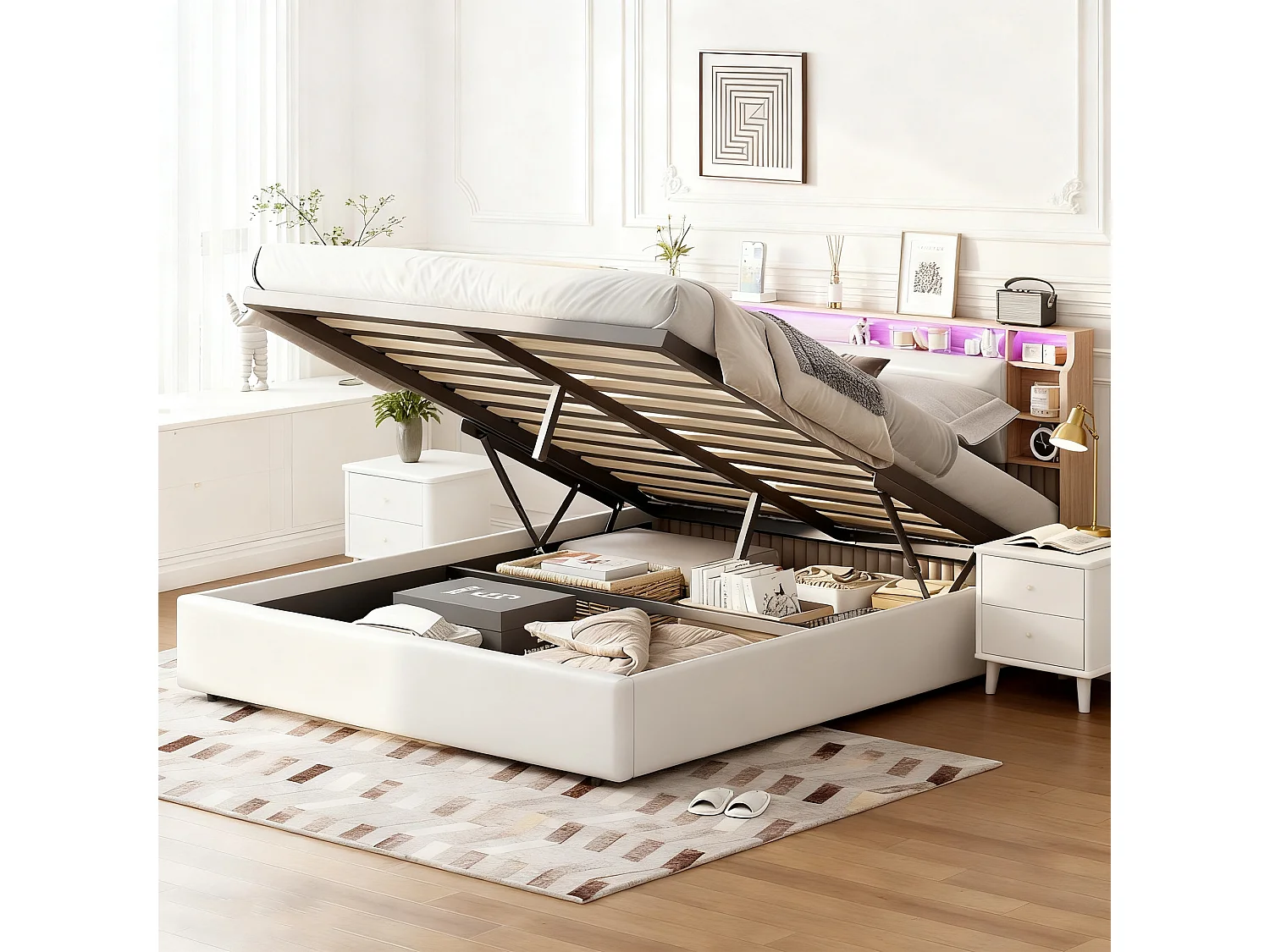 Lit 140x190 cm avec LED - NEXU - lit coffre 140x190 avec sommier à lattes - cadre de lit adulte - tissu en pu - blanc