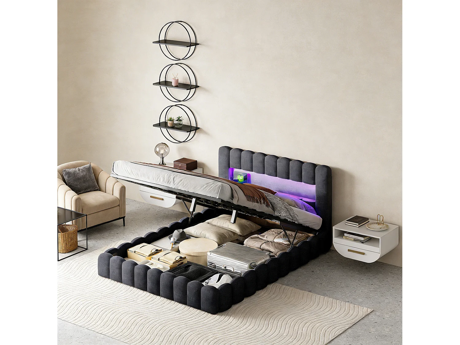 Lit coffre 160x200 cm avec hydraulique, POCKETPOP, lit 160x200 cm avec sommier à lattes, lit double, Lit rembourré, Lin, gris