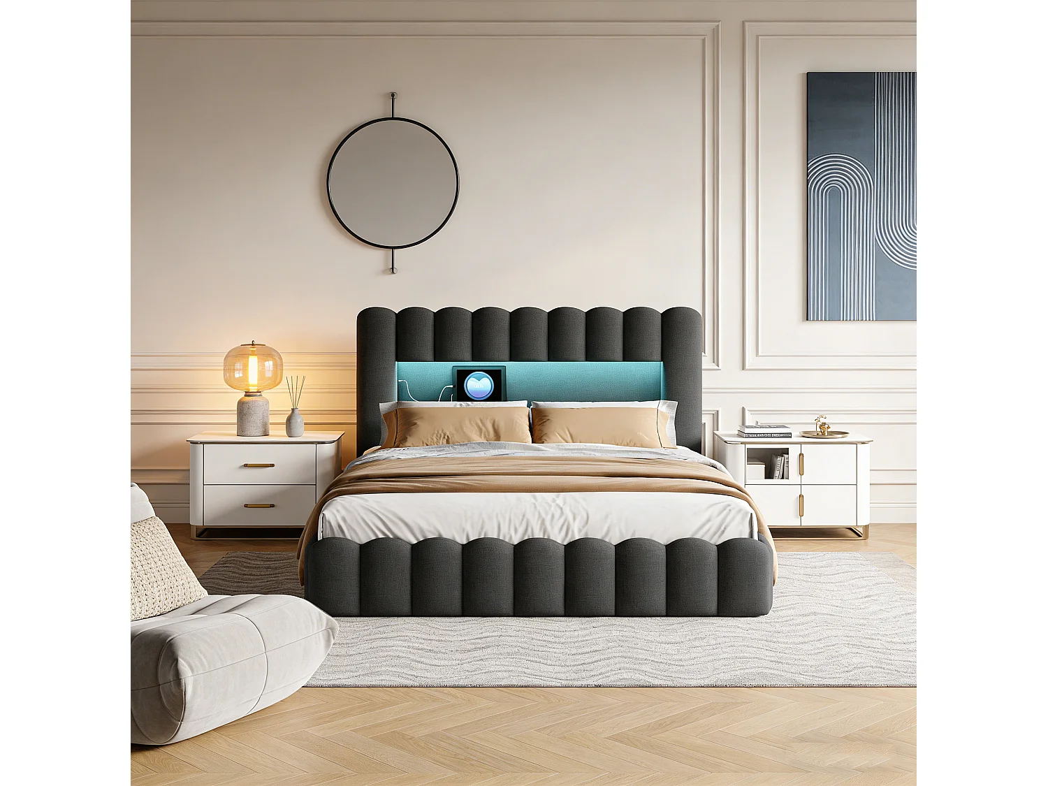 Lit coffre 160x200 cm avec hydraulique, POCKETPOP, lit 160x200 cm avec sommier à lattes, lit double, Lit rembourré, Lin, gris