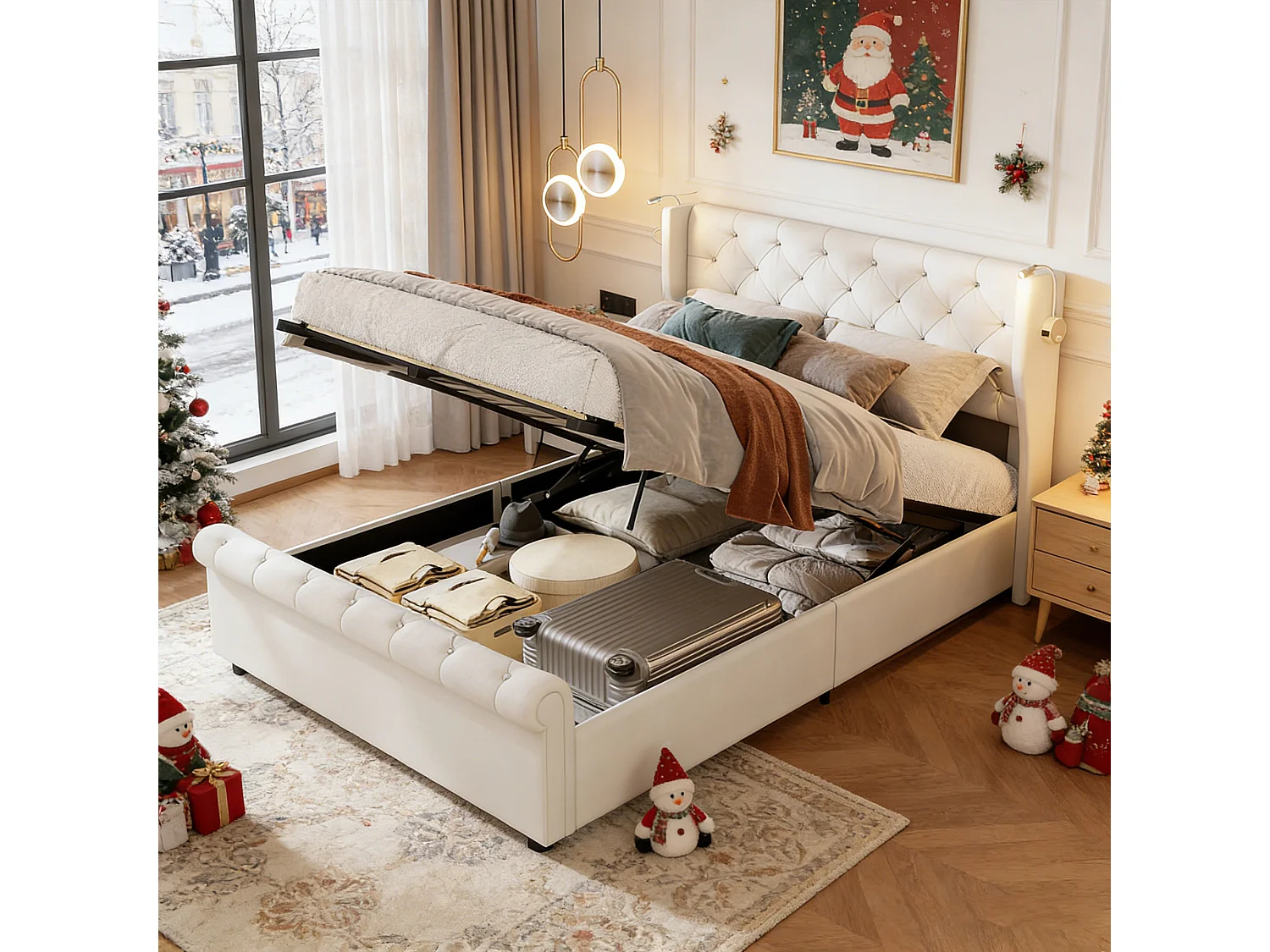 Lit coffre 140x190 avec sommier, POCKETPOP, lit 140x190 avec rangement, lampe de chevet, velours, beige