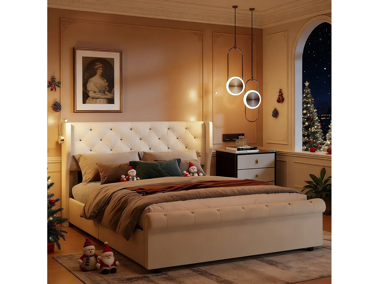 Lit coffre 140x190 avec sommier, POCKETPOP, lit 140x190 avec rangement, lampe de chevet, velours, beige