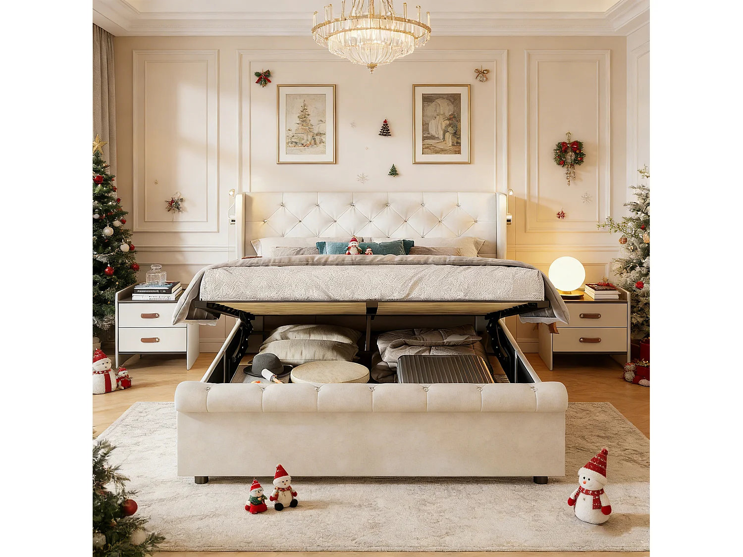 Lit coffre 140x190 avec sommier, POCKETPOP, lit 140x190 avec rangement, lampe de chevet, velours, beige