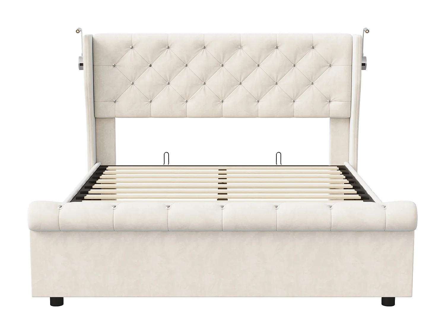 Lit coffre 140x190 avec sommier, POCKETPOP, lit 140x190 avec rangement, lampe de chevet, velours, beige