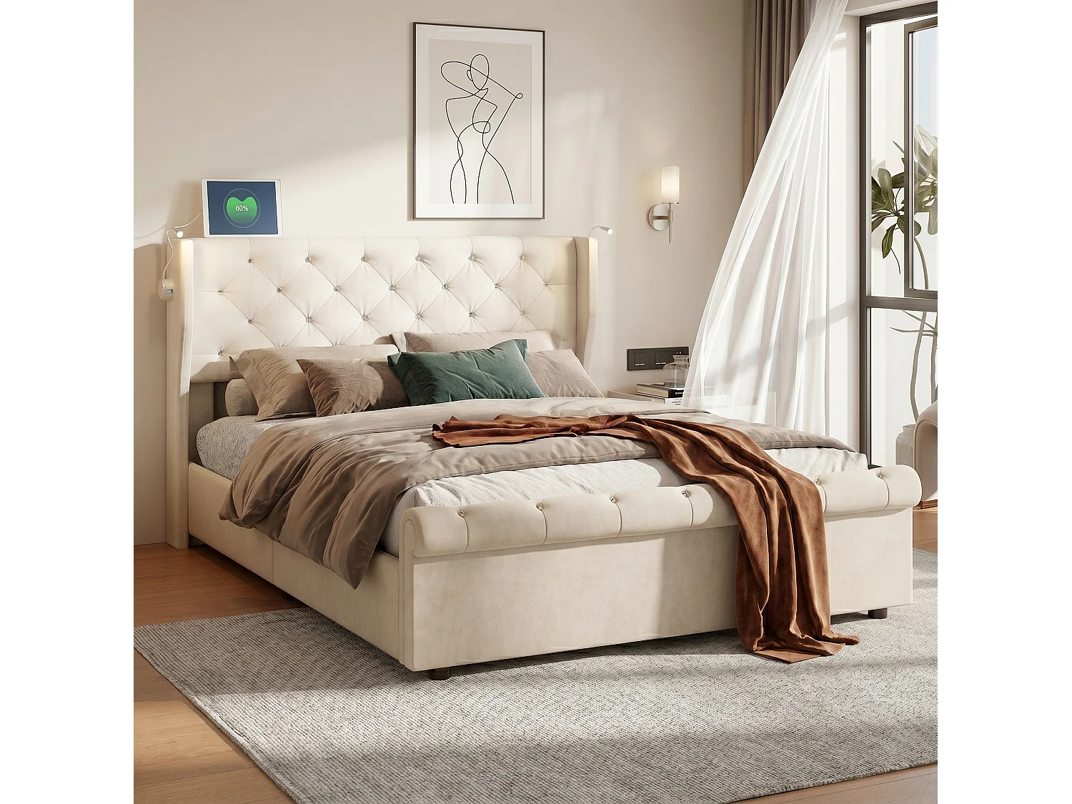 Lit coffre 140x190 cm avec sommier, rangement intégré et lampe de chevet, velours beige
