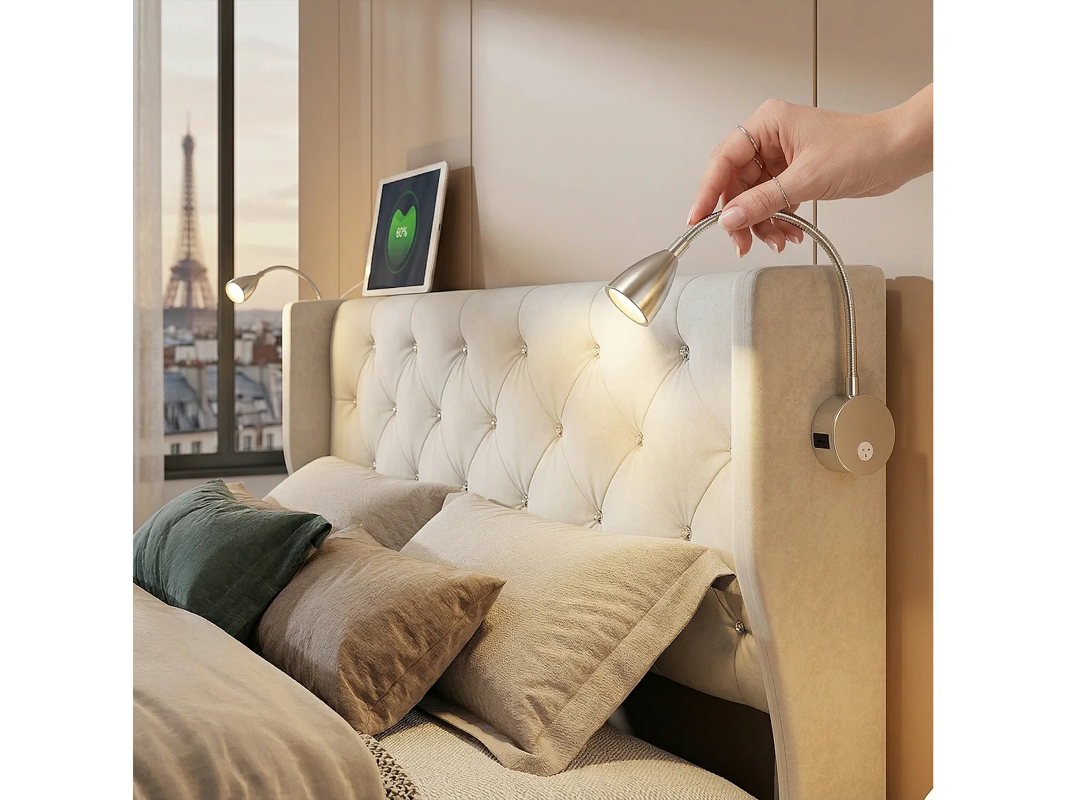 Lit coffre 140x190 cm avec sommier, rangement intégré et lampe de chevet, velours beige
