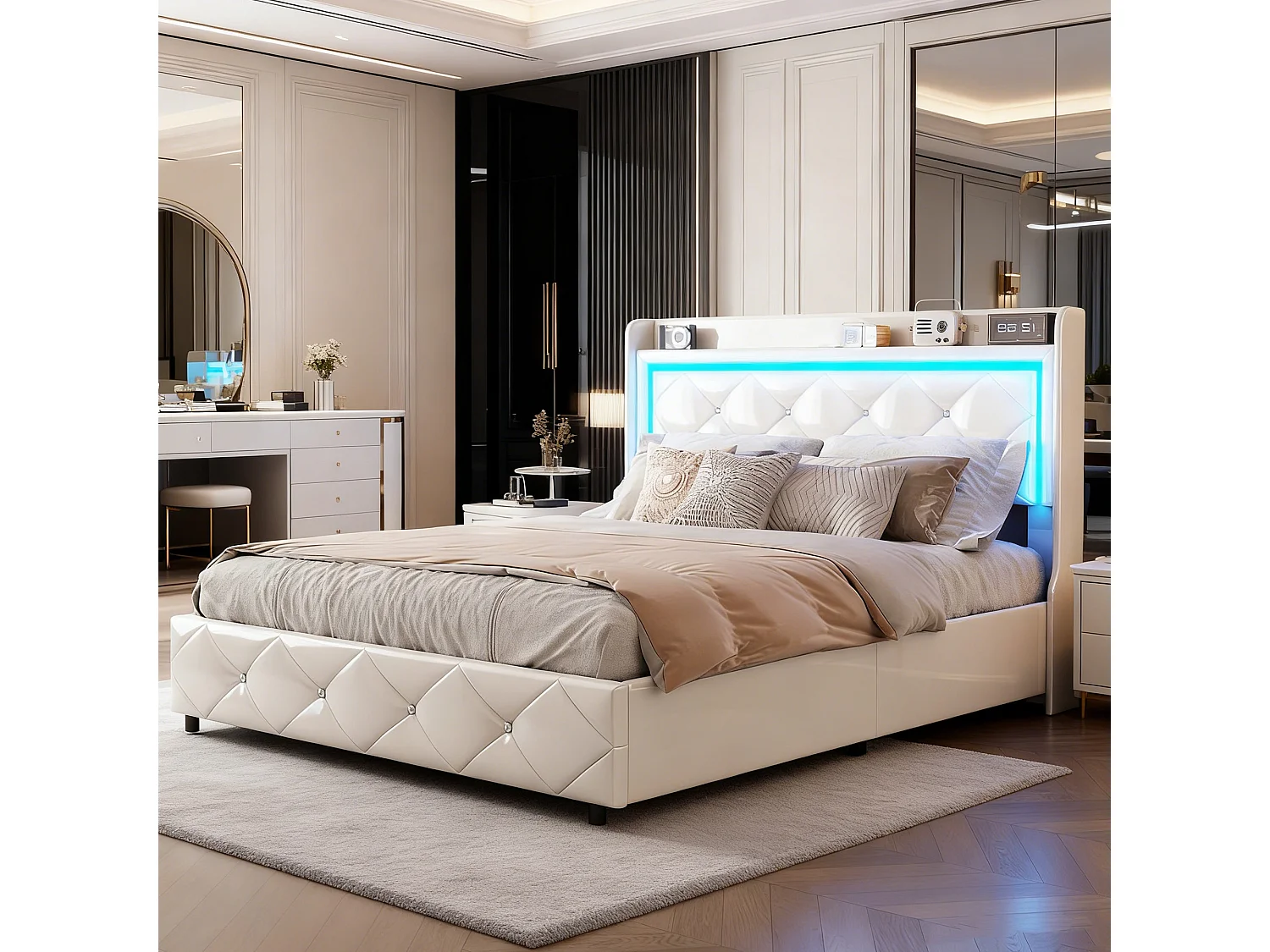 Lit coffre 140x190 - NEXU - PU Blanc - Éclairage LED - Ports USB et Type-C - 2 places