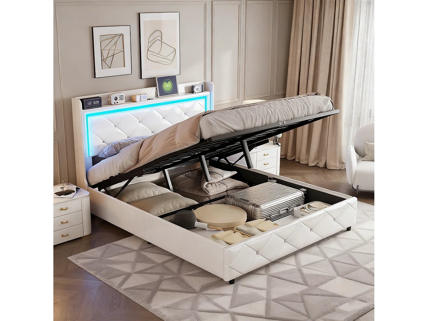 Lit coffre 140x190 - NEXU - PU Blanc - Éclairage LED - Ports USB et Type-C - 2 places