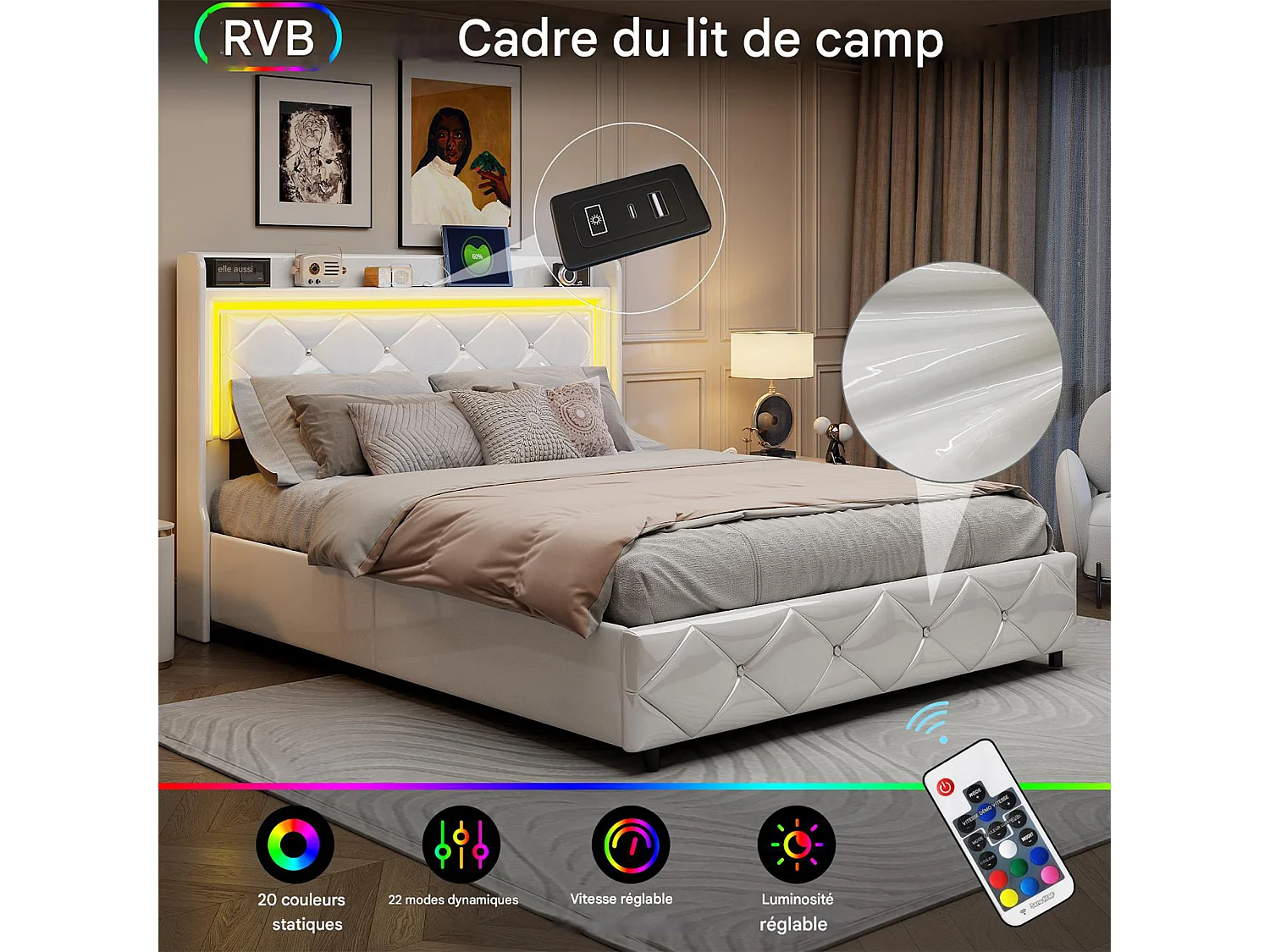 Lit coffre 140x190 - NEXU - PU Blanc - Éclairage LED - Ports USB et Type-C - 2 places