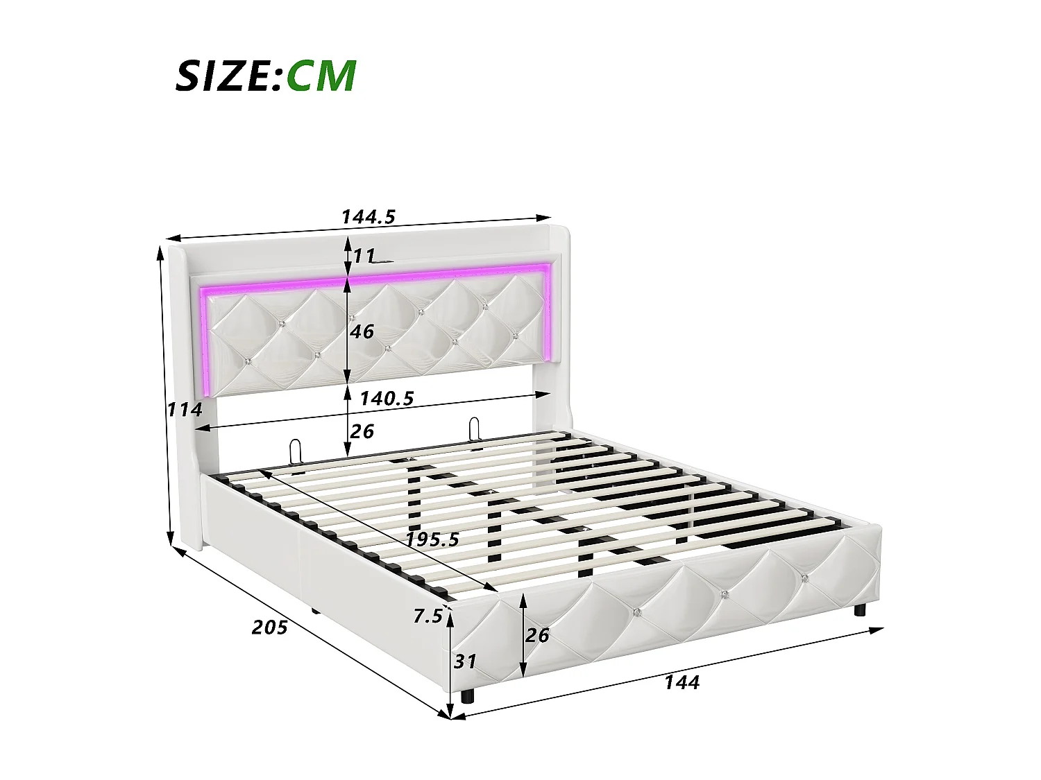 Lit coffre 140x190 - NEXU - PU Blanc - Éclairage LED - Ports USB et Type-C - 2 places