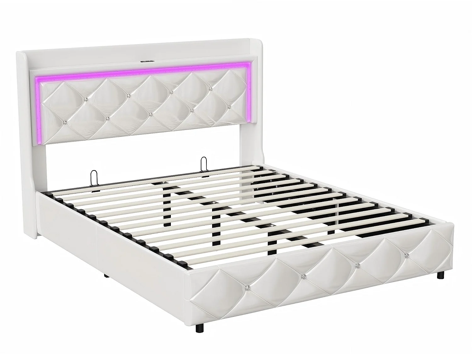 Lit Coffre 140x200 cm, Lit Double avec Rangement Intégré, LED Intégrée et Ports USB Type-C, Revêtement PU Blanc