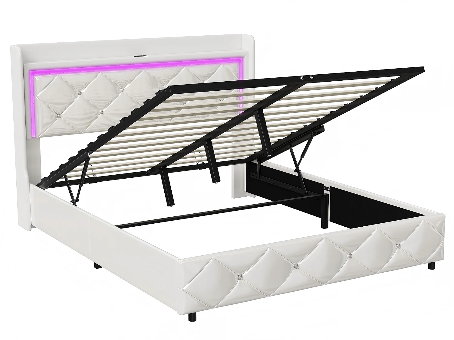 Lit Coffre 140x200 cm, Lit Double avec Rangement Intégré, LED Intégrée et Ports USB Type-C, Revêtement PU Blanc