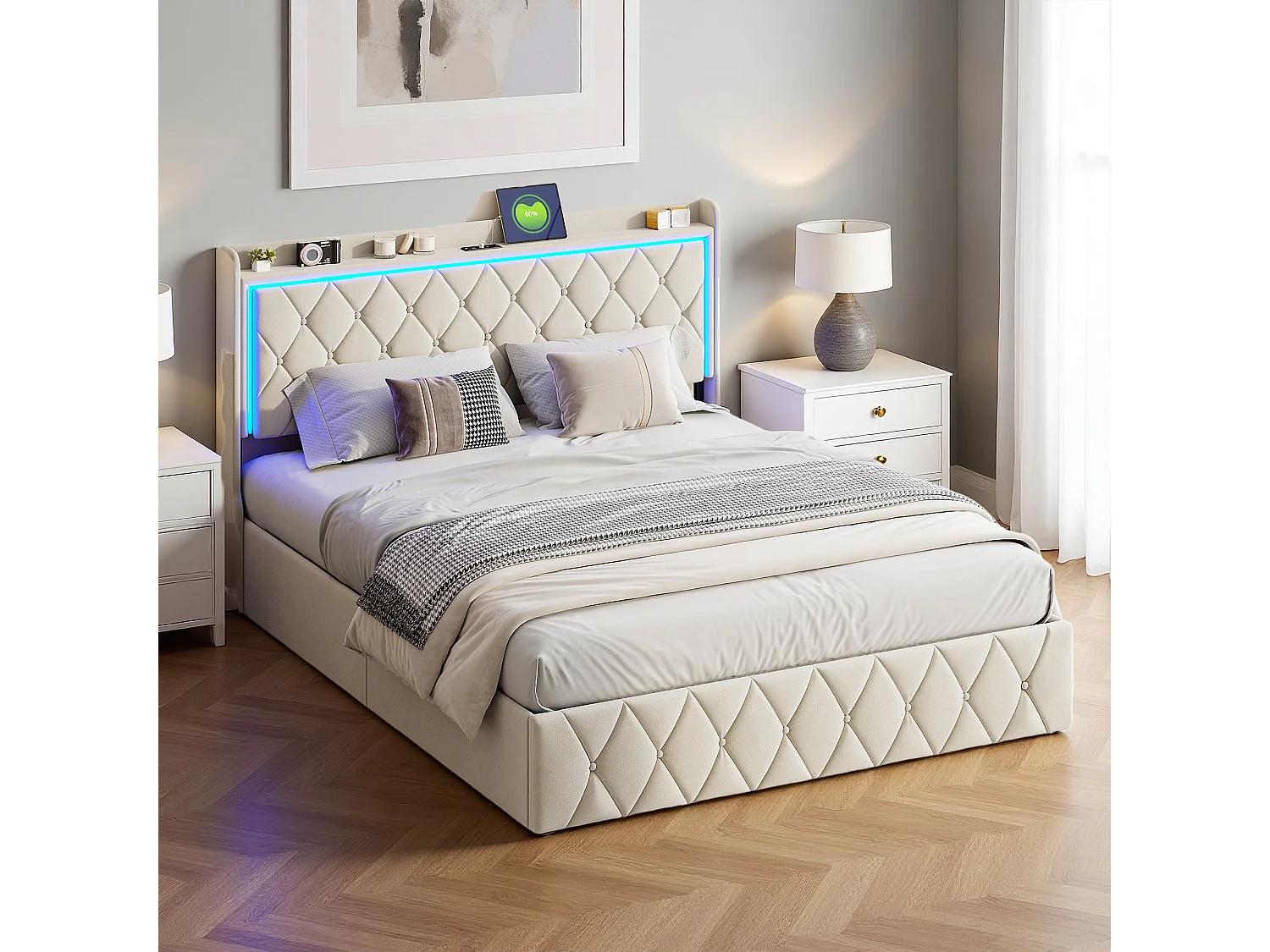 Lit coffre 140x190 cm, RGB LED, USB, contemporain, cadre de lit double 140x190 cm, velours, beige