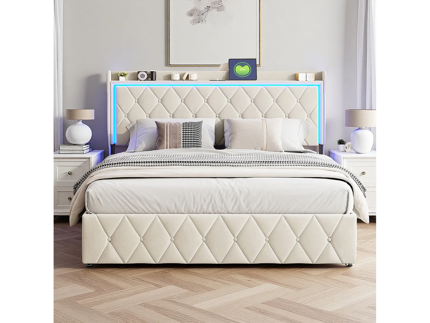 Lit coffre 140x190 cm, RGB LED, USB, contemporain, cadre de lit double 140x190 cm, velours, beige