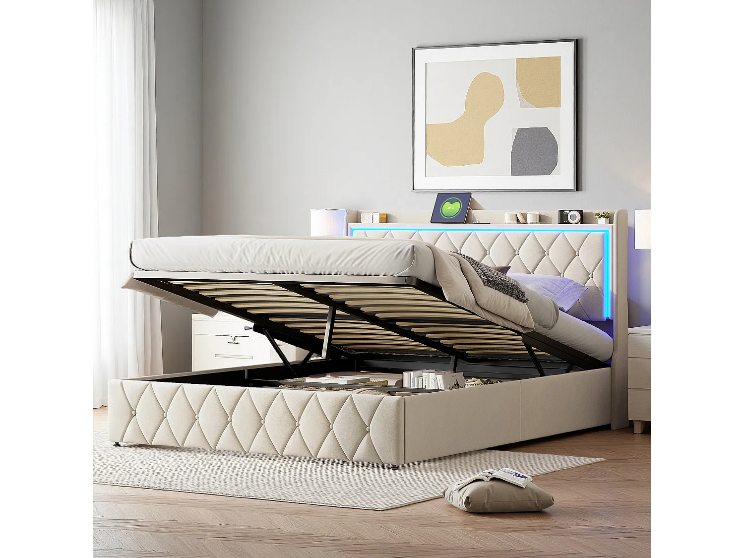 Lit coffre 140x190 cm, RGB LED, USB, contemporain, cadre de lit double 140x190 cm, velours, beige