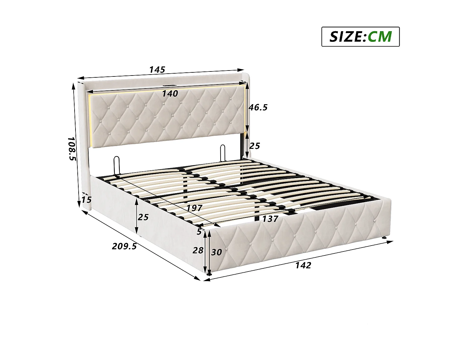 Lit coffre 140x190 cm, RGB LED, USB, contemporain, cadre de lit double 140x190 cm, velours, beige