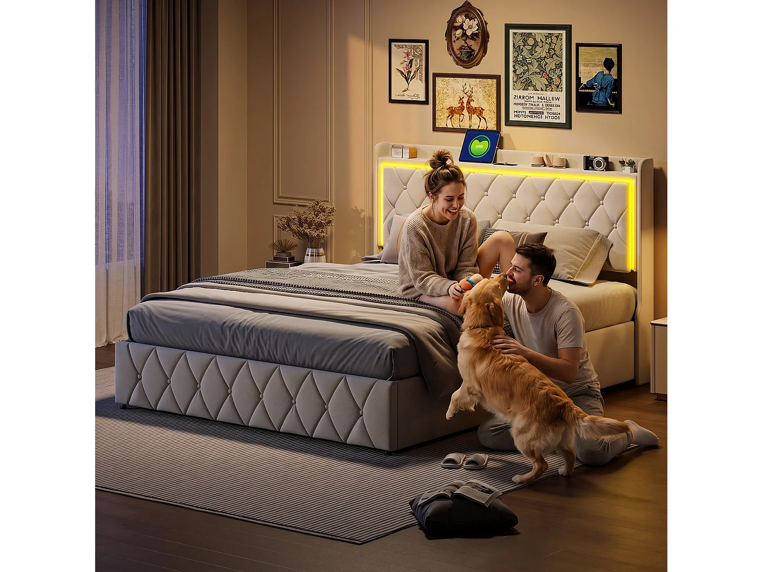 Lit coffre 140 x 190 cm - Lit double avec LED RGB, port USB et sommier à lattes - tissu velours beige