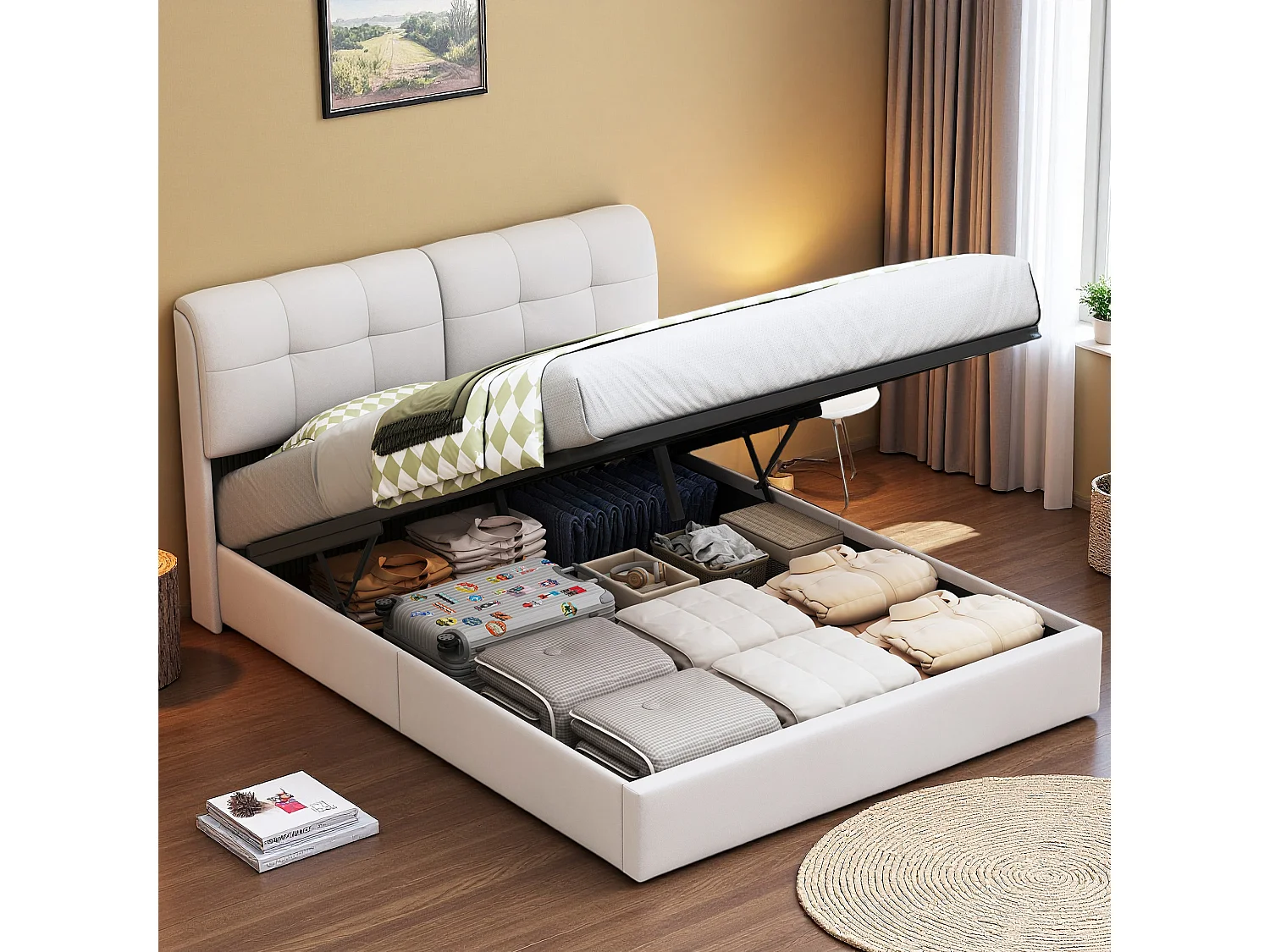Lit coffre 160x200 cm - LED - hydraulique - Contemporain - cadre de lit 160x200 cm - Velours - Beige