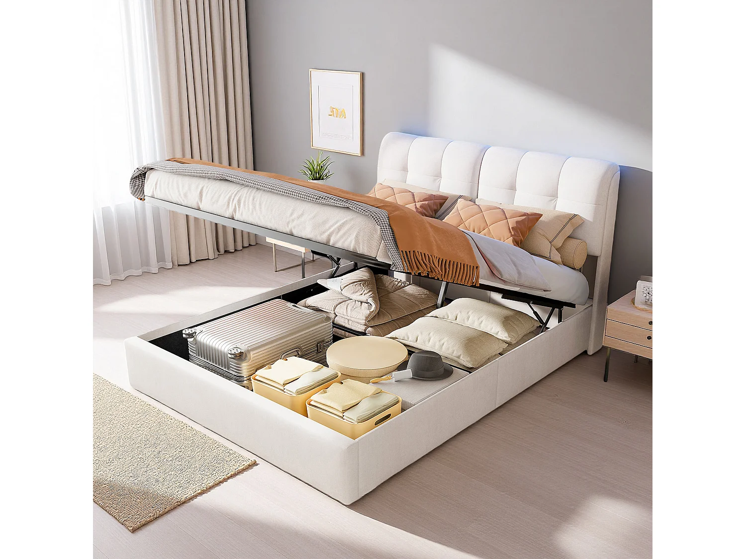 Lit coffre 160x200 cm - LED - hydraulique - Contemporain - cadre de lit 160x200 cm - Velours - Beige