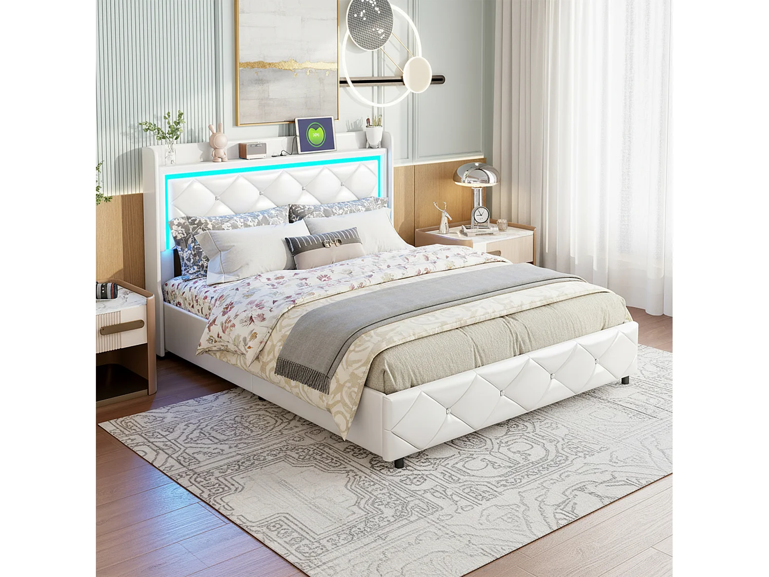 Lit coffre double 140x200 - NEXU - PU blanc - Avec tête de lit - Rangement intégré - LED et USB