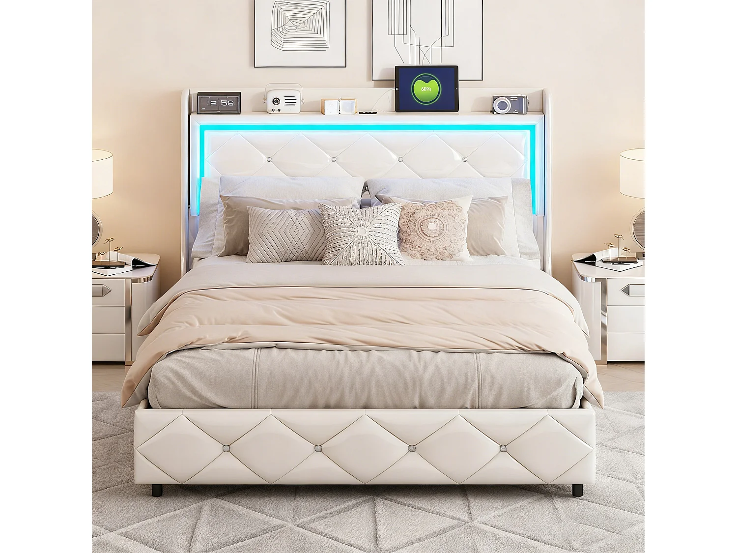Lit coffre double 140x200 - NEXU - PU blanc - Avec tête de lit - Rangement intégré - LED et USB