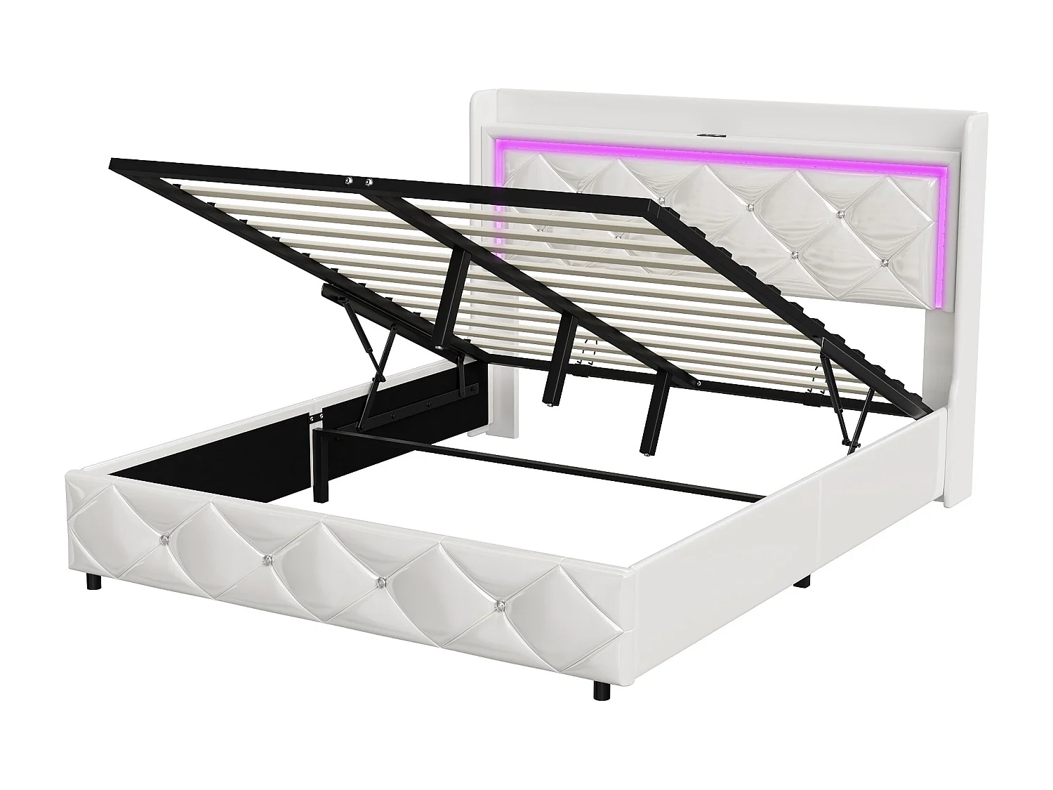 Lit coffre double 140x200 - NEXU - PU blanc - Avec tête de lit - Rangement intégré - LED et USB