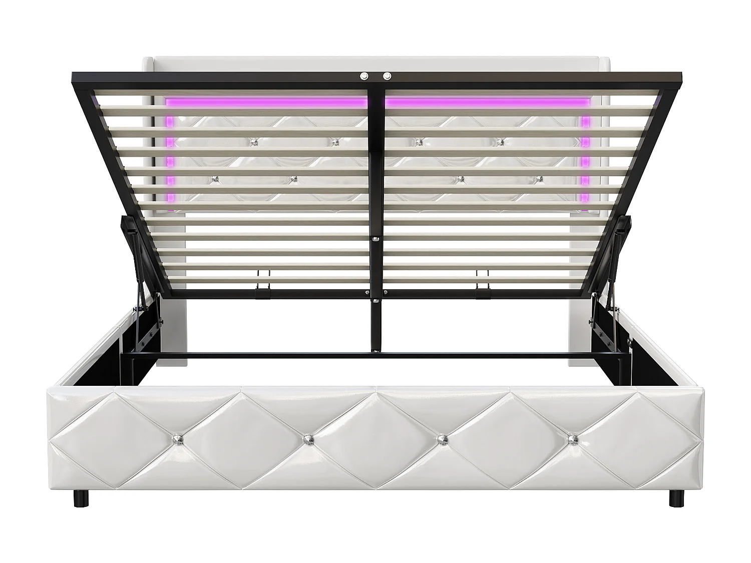 Lit coffre double 140x200 - NEXU - PU blanc - Avec tête de lit - Rangement intégré - LED et USB