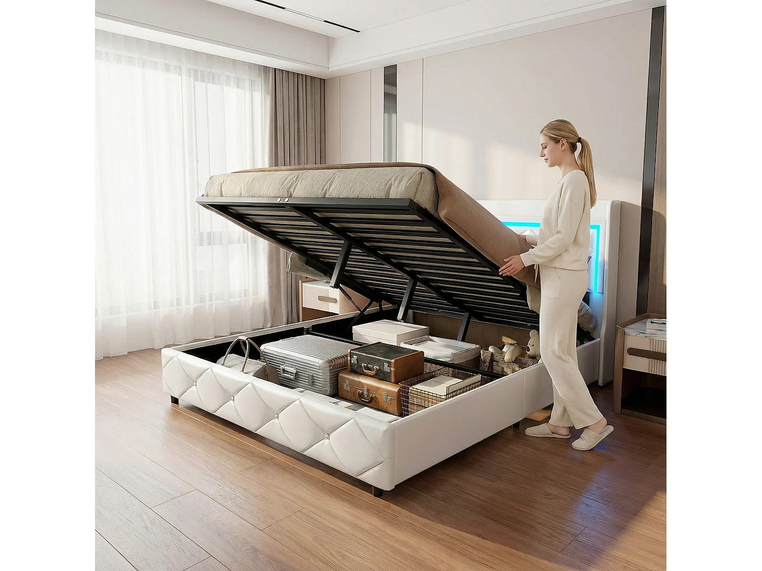 Lit coffre 140 x 200 cm - NEXU - Lit double avec tête de lit, rangement intégré, LED et port USB - tissu PU blanc