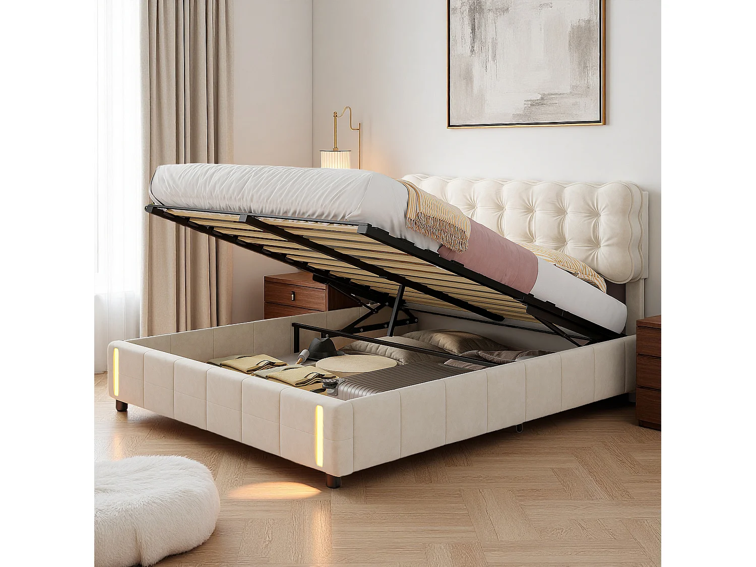 Lit coffre 140x190 cm, LED, contemporain, lit double, cadre de lit 140x190 cm, velours, beige