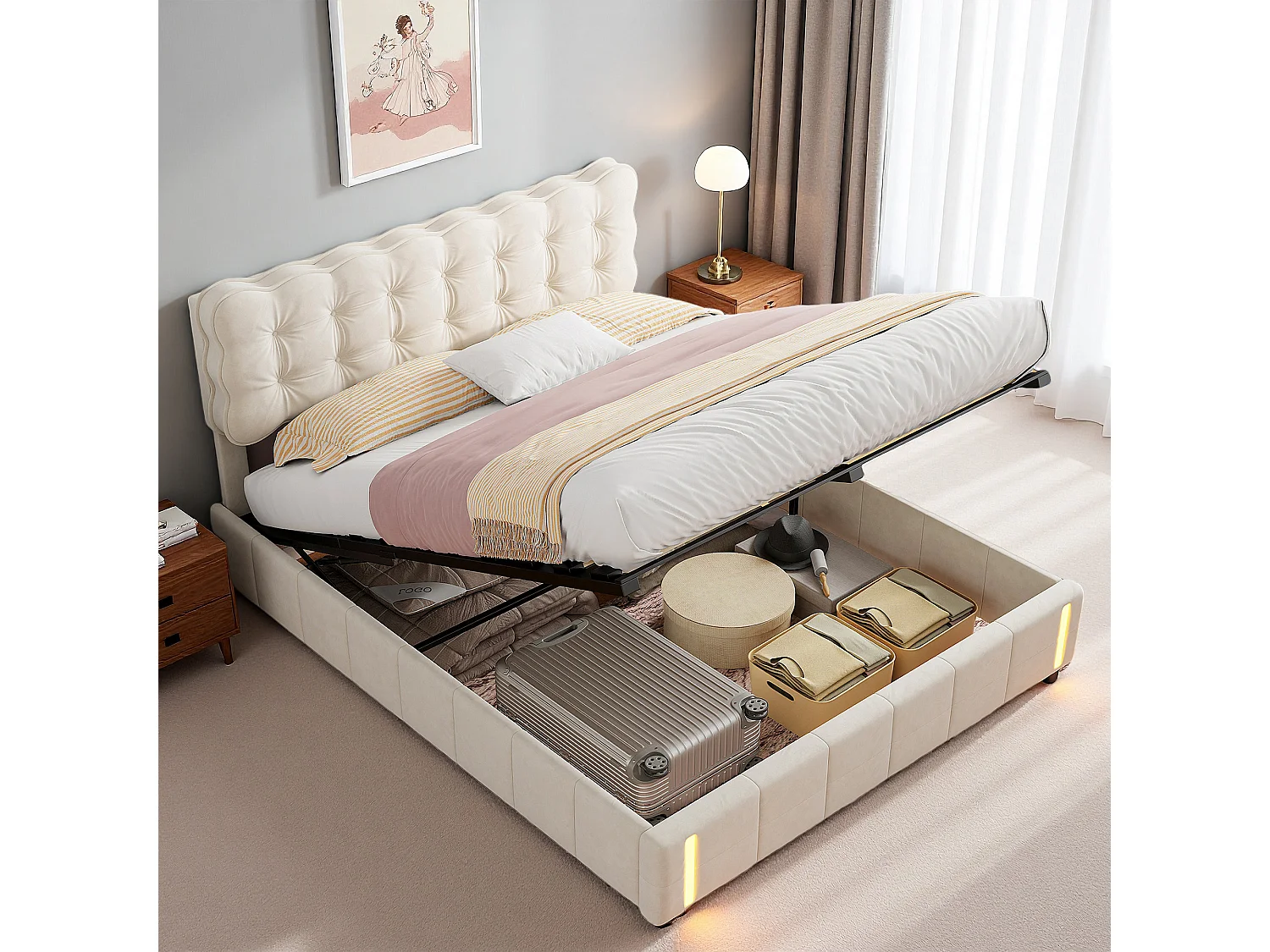 Lit coffre 140x190 cm, LED, contemporain, lit double, cadre de lit 140x190 cm, velours, beige
