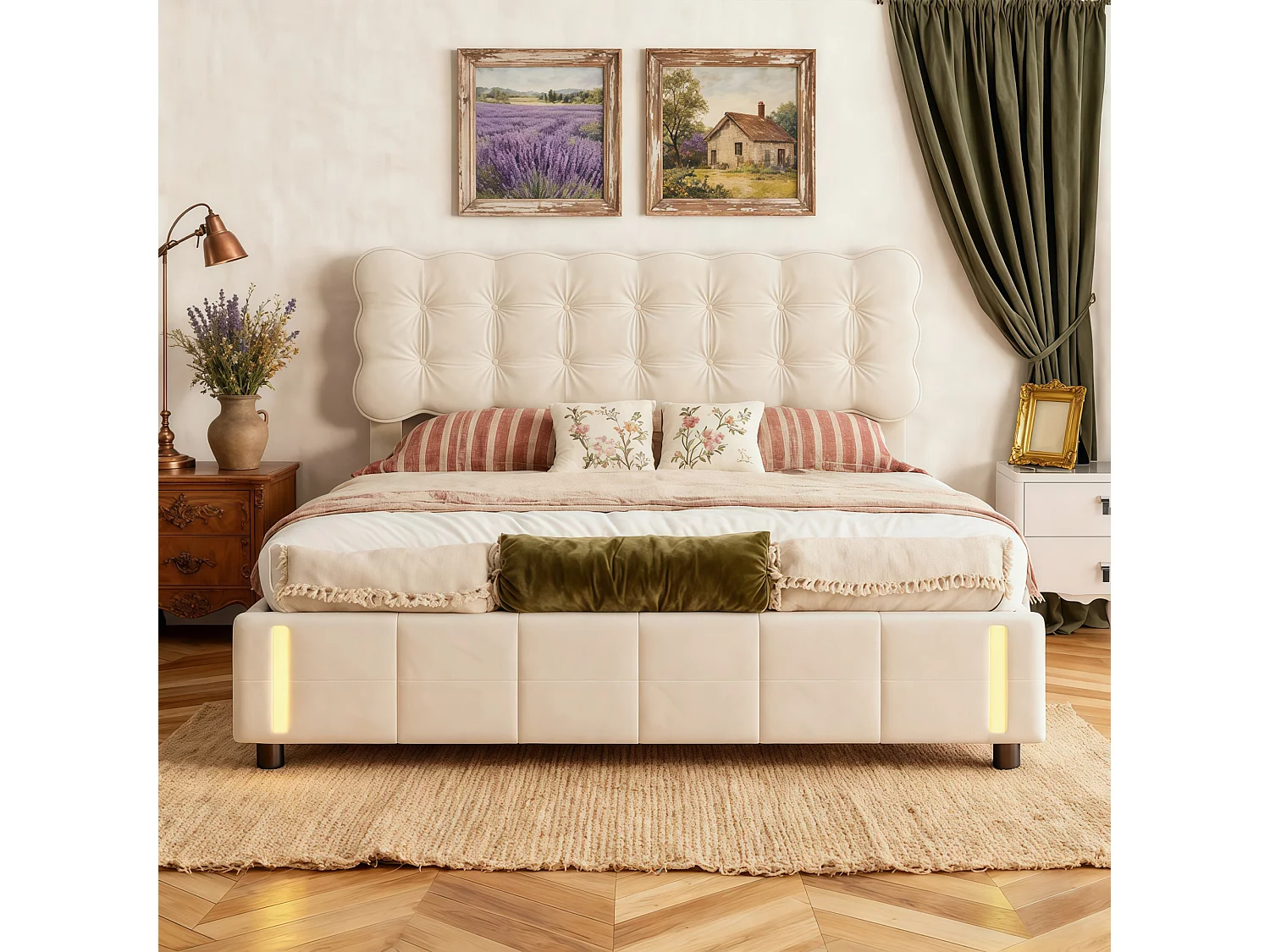 Lit coffre 140x190 cm, LED, contemporain, lit double, cadre de lit 140x190 cm, velours, beige