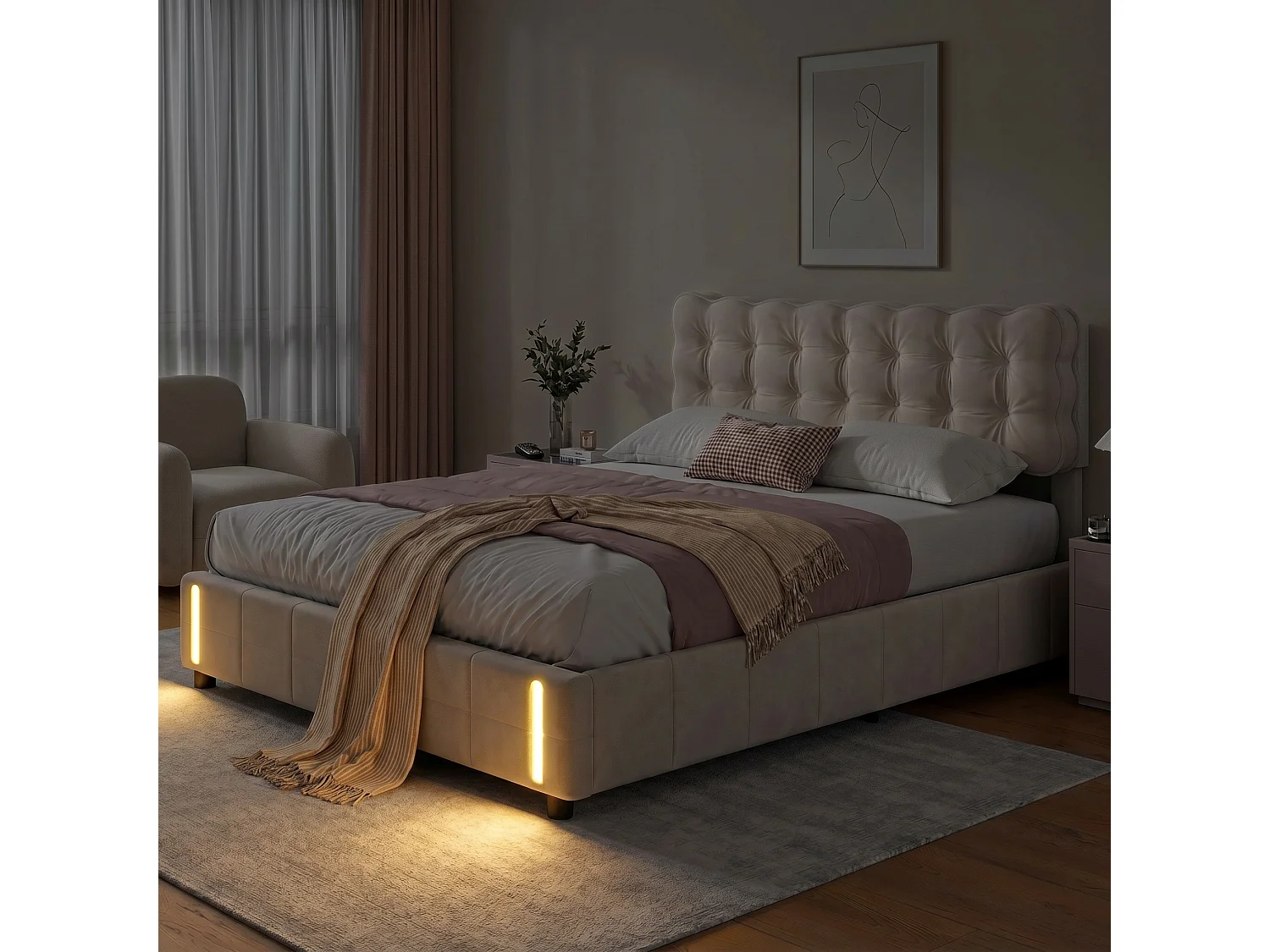 Opbergbed 140x190 cm, LED, modern, tweepersoonsbed, bedframe 140x190 cm, fluweel, beige