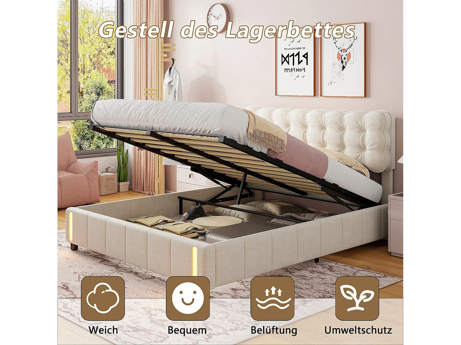 Opbergbed 140x190 cm, LED, modern, tweepersoonsbed, bedframe 140x190 cm, fluweel, beige