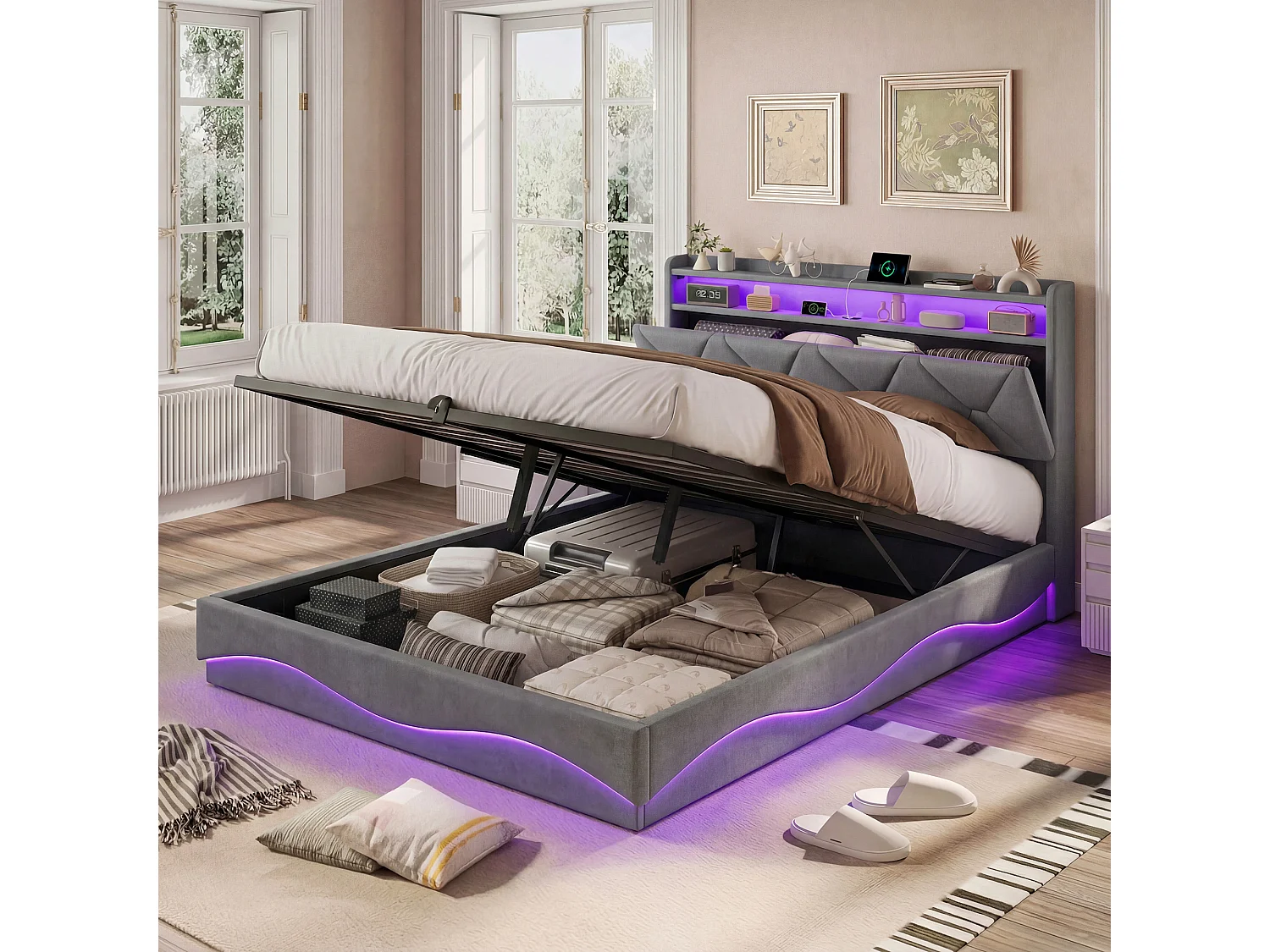 Lit Coffre 160 x 200 avec Sommier,lit 2 places avec USB et LED,lit 160x200 avec à Lattes,Lit Rembourré Double Gris