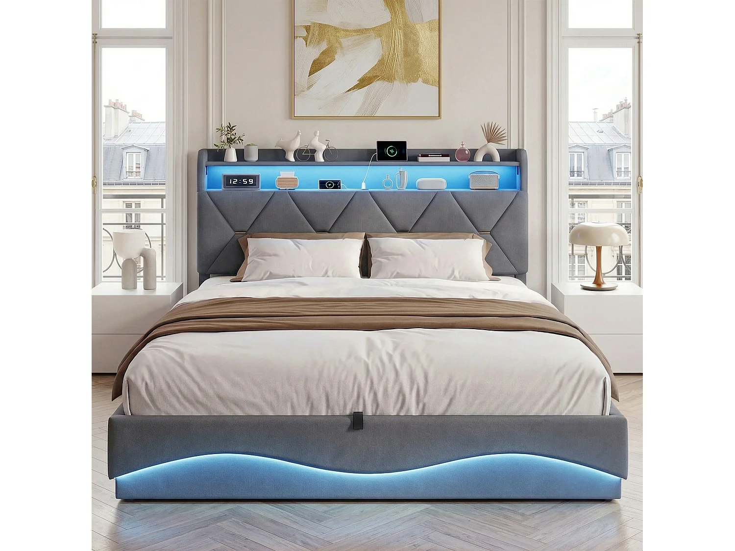 Lit Coffre 160 x 200 avec Sommier,lit 2 places avec USB et LED,lit 160x200 avec à Lattes,Lit Rembourré Double Gris