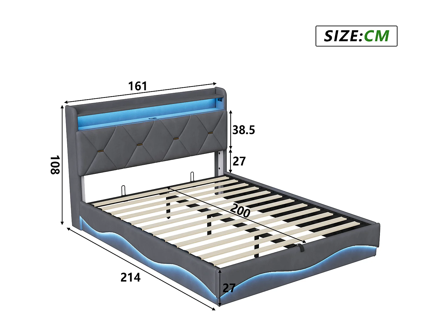 Lit Coffre 160 x 200 avec Sommier,lit 2 places avec USB et LED,lit 160x200 avec à Lattes,Lit Rembourré Double Gris